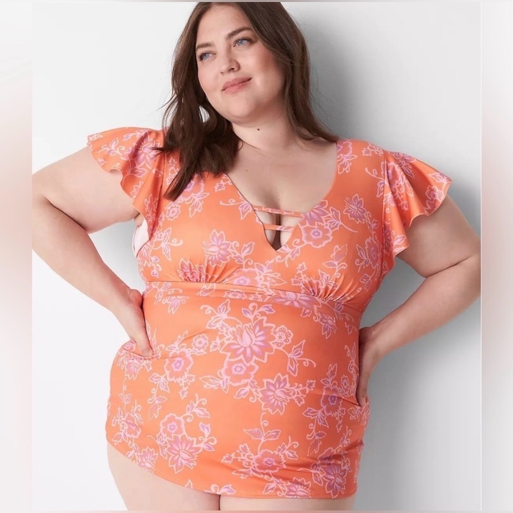 No-Wire Flutter-Sleeve Swim Tankini Top and bottom